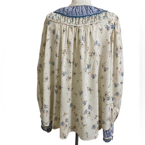 FREE PEOPLE Paloma Ivory Blue Floral Print Boho Long Sleeve Button Shirt Medium - Picture 6 of 13